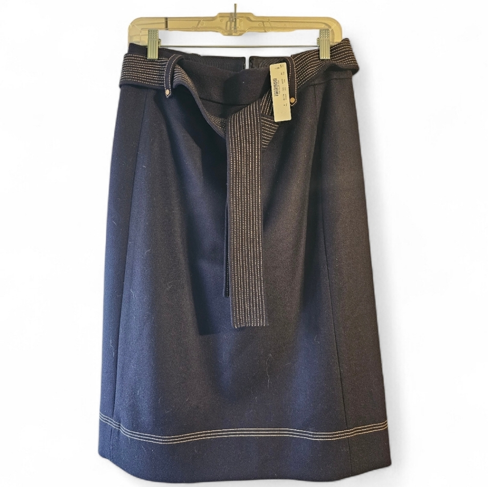 J. Crew Navy Blue Wool, Fully Lined Midi Skirt with Belt